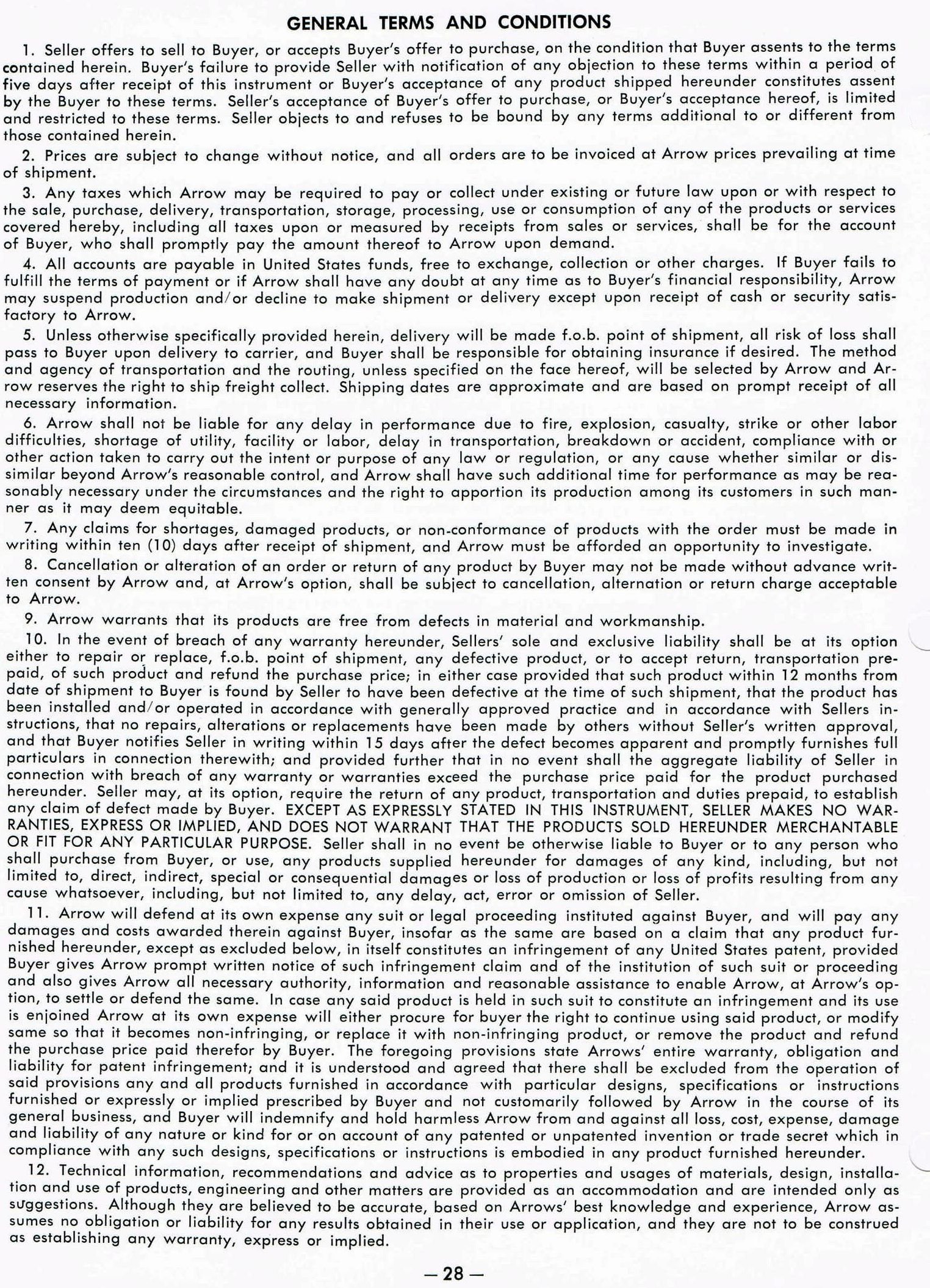 Arrow Valve Terms and Conditions